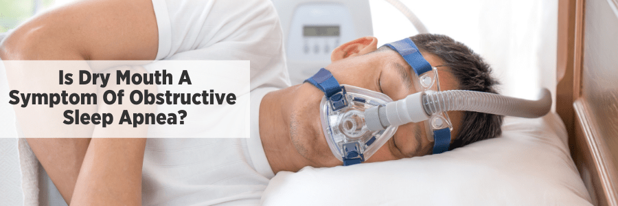 Man sleeping with CPAP machine mask on and likely has dry mouth symptoms