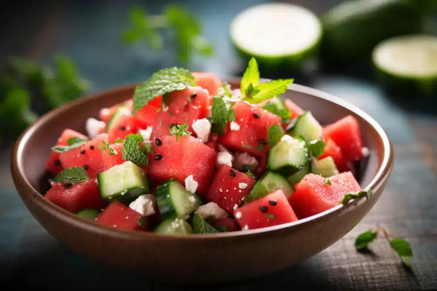 A bowl of watermelon cucumber salad that also has mint, feta cheese, and black sesame seeds in it for fighting Dry Mouth a Symptom of Covid