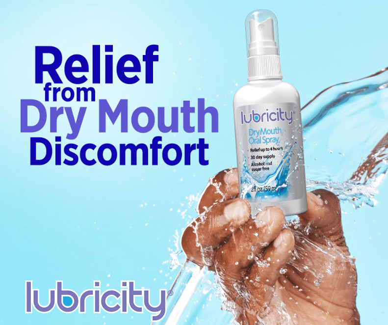 A graphic showing a bottle of Lubricity being splashed by water to demonstrate that it is one of the best dry mouth products