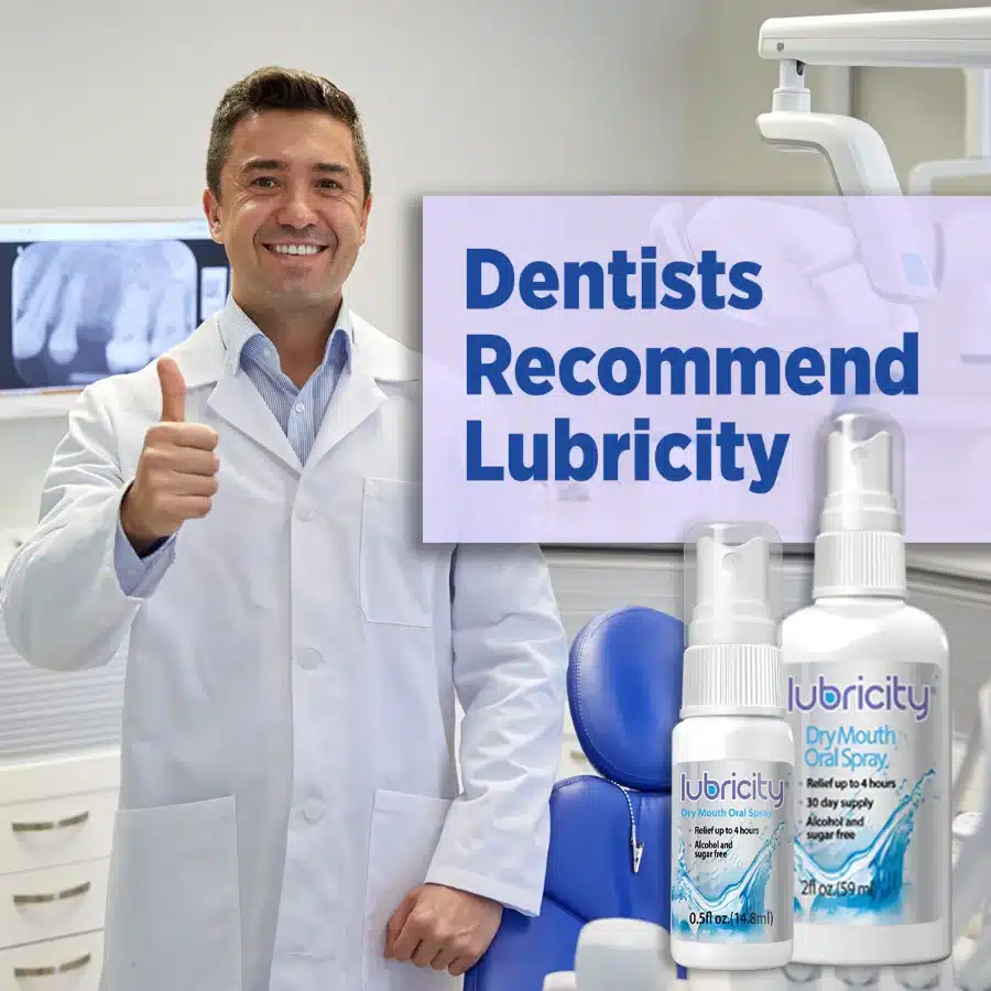 A dentist recommending Lubricity for effective management of dry mouth discomfort with its key ingredient Hyaluronic Acid.