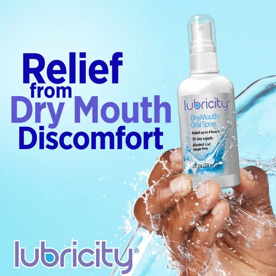 A graphic advertising Lubricity as a method to get relief from dry mouth symptoms as it contains Hyaluronic Acid.