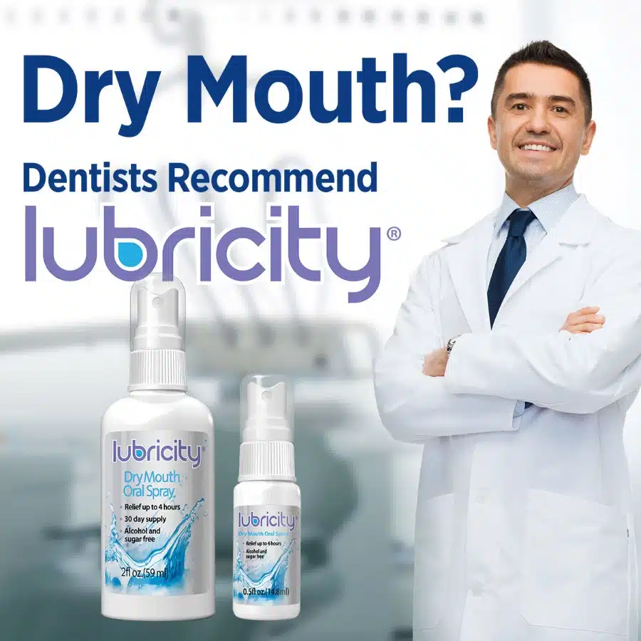 A dentist recommending Lubricity as an effective method to soothe dry mouth symptoms resulting from breathing through mouth.