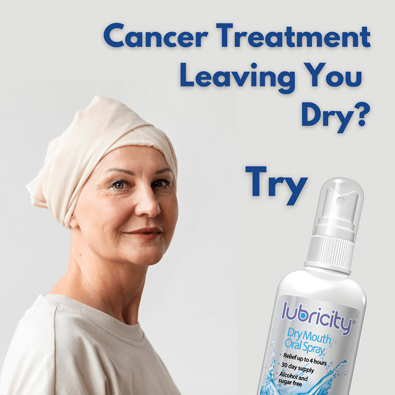 A graphic discussing how you should try Lubricity Dry Mouth Oral Spray to help mitigate the effects of dry mouth due to the connection between Oral Health and Breast Cancer. 