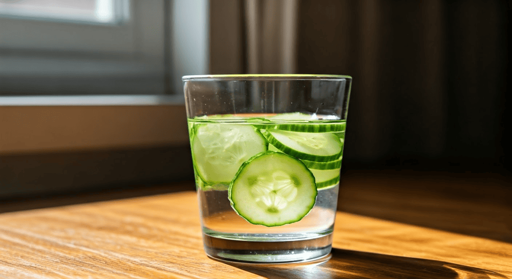 A picture of a glass of cucumber water which is known to help you stay Hydrated.