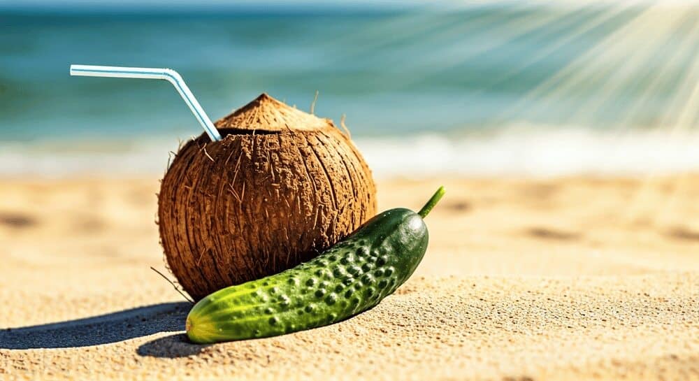 A picture of a coconut with a straw sticking out of it and a cucumber sitting next to it because these two fruits have a high water content and can help keep you Hydrated.