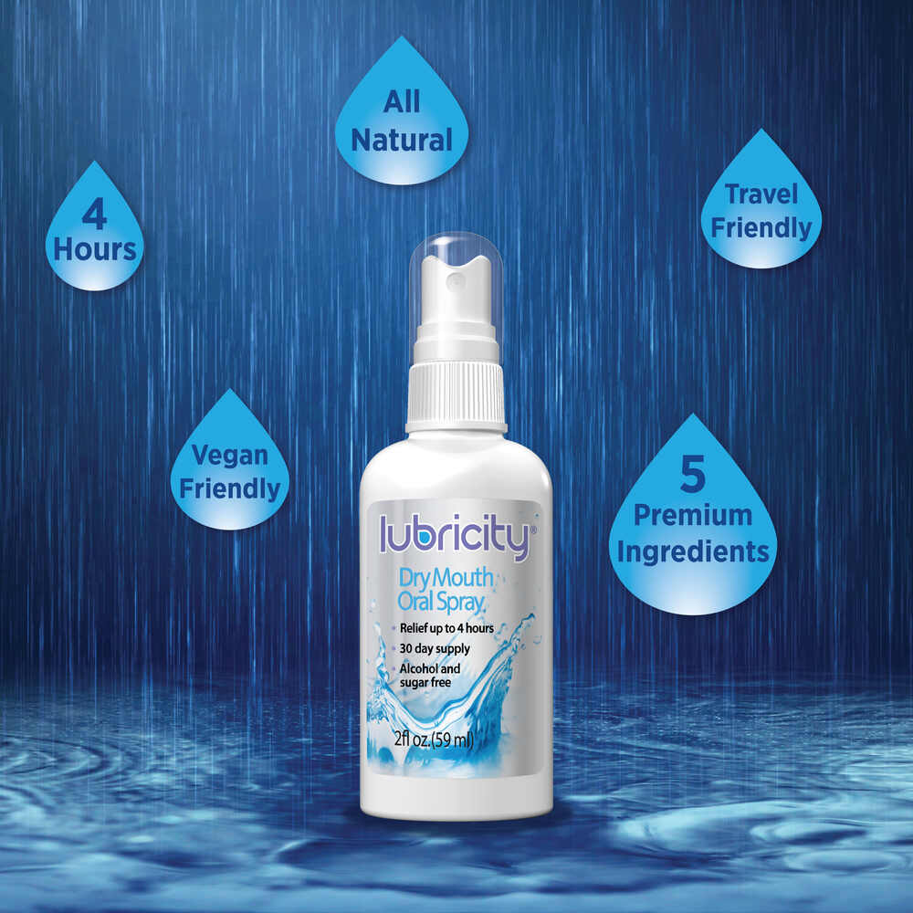 A picture displaying a bottle of Lubricity Dry Mouth Oral Spray in the rain with water drops that have text on them explaining some of Lubricity’s key features as an oral moisturizer for keeping your mouth feeling Hydrated.