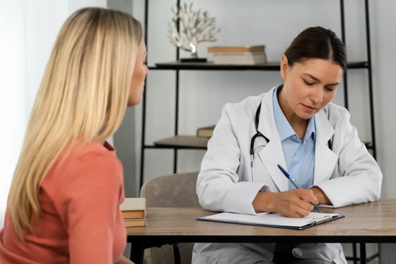  A woman going over the list of Sjögren's syndrome symptoms she’s been experiencing with her healthcare providor.