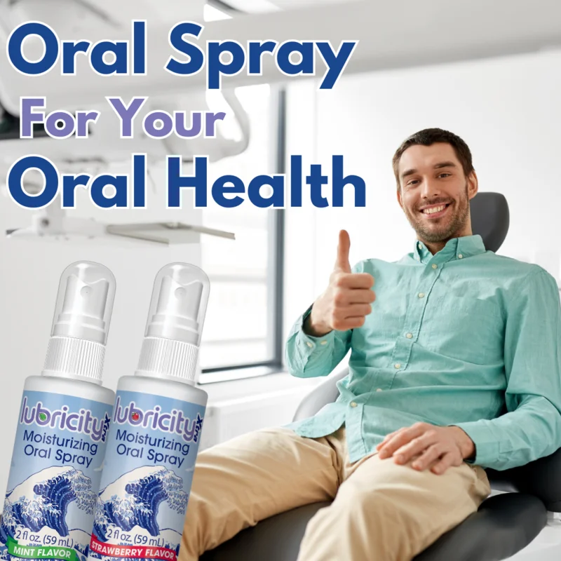 A picture of a man in a dental exam chair with his thumb up and text “Oral Spray for your Oral Health” with two bottles of Lubricity Xtra in the image as well showing how Lubricity Xtra can be beneficial for sore throat from dehydration.