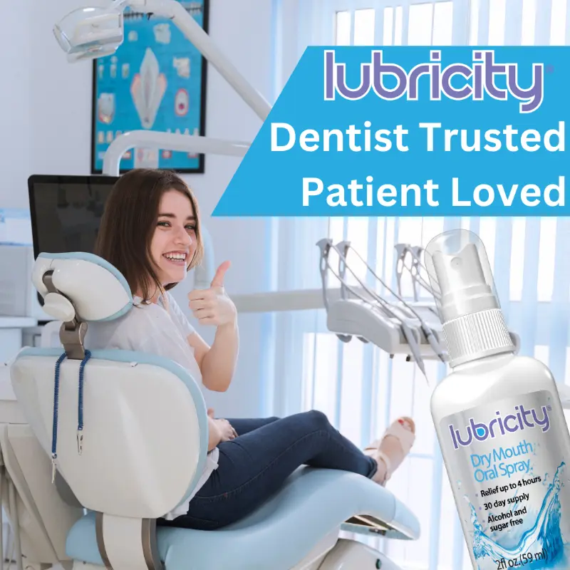A graphic showing a girl at the dentist and a bottle of Lubricity to showcase how it’s dentist trusted, and patient loved especially for helping avoid developing Periodontal Disease