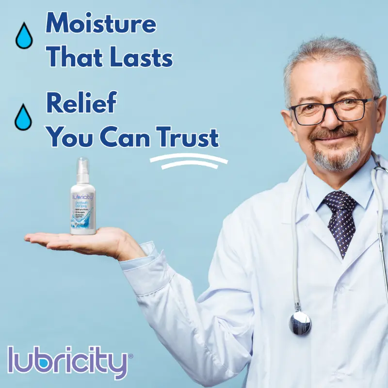 A doctor promoting Lubricity Dry Mouth Oral Spray to help support one's oral health and by extension their overall health.