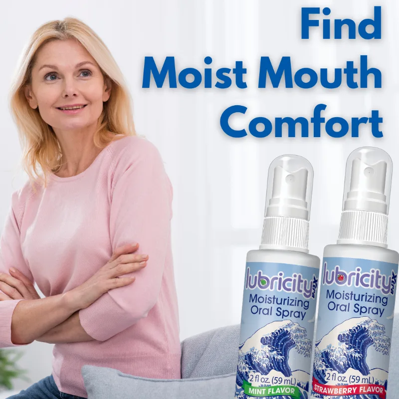 A graphic of a woman with CPAP dry mouth finding moist mouth comfort by using Lubricity Xtra Moisturizing Oral Spray.