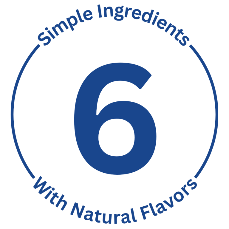 Blue circular badge highlighting 6 simple ingredients made with natural flavours